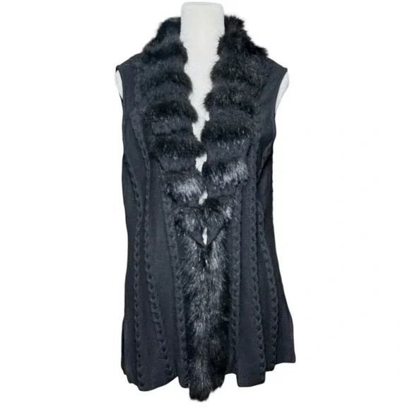 Ming Wang Sweater Vest Women L Black Faux Fur Trim Cable Knit Quiet Luxury Chic - Picture 2 of 15